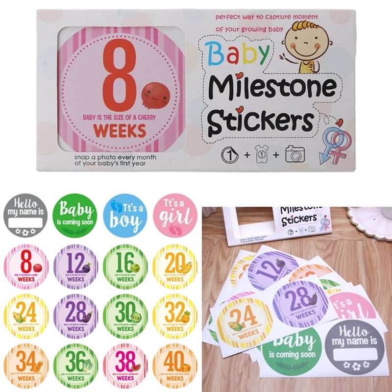 16 Pcs Zwangerschap Baby Milestone Stickers-Zwangerschap Aankondiging Fotografie Wekelijkse Stickers, Geslacht Onthullen, week 8 - Week 40