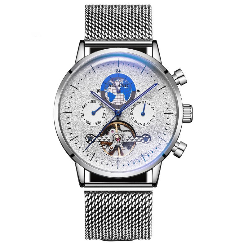Ailang 2022 Mannen Business Tourbillon Automatische Mechanische Horloges Gradiënt Mannen Lederen Waterdichte Band 8613B: Silver