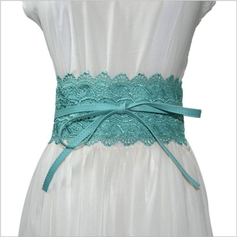Women Lady Stretch Buckle Waist Belt Wide Lace Elastic Waistband Wide Corset Lace Belt Female Wedding Dress Waist Band: cyan blue