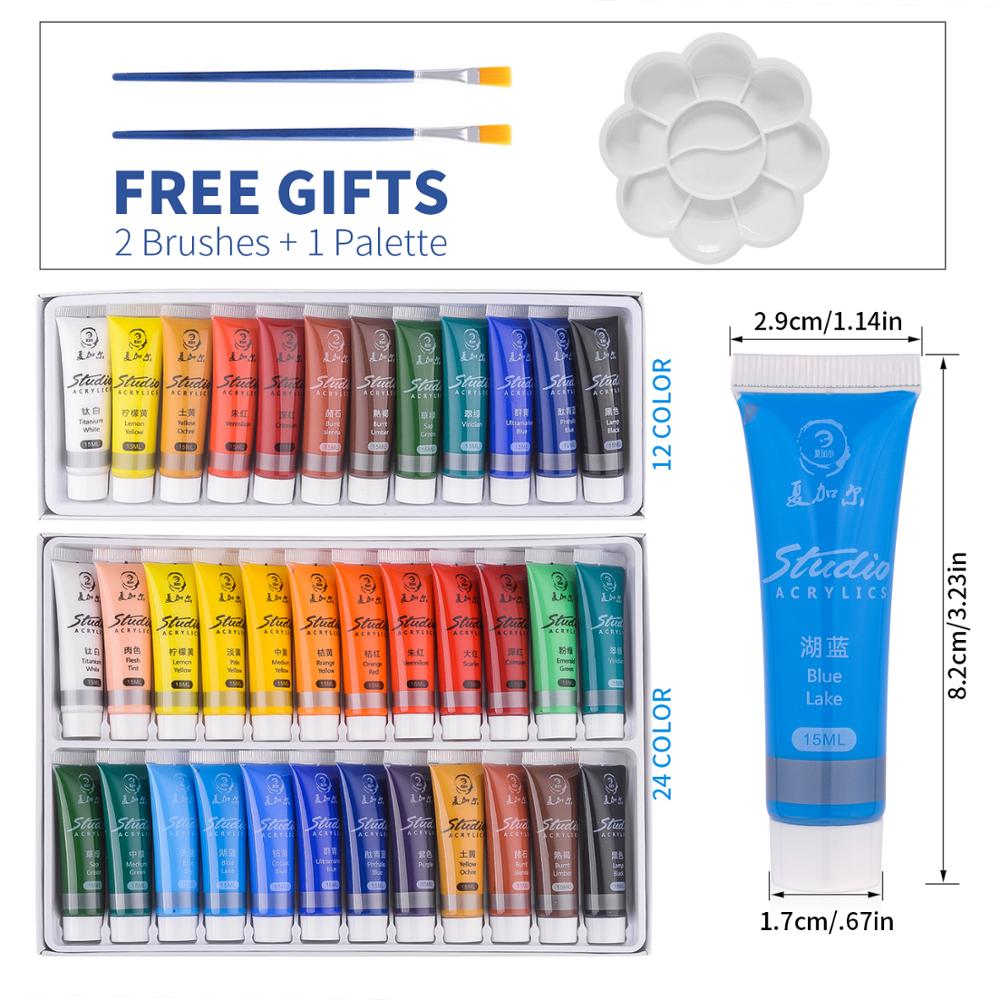 12/24 Color Acrylic Paint Set 15ml Tubes for Hand Painted Fabric Wall Painting DIY Waterproof Pigment Children Artist Supplies