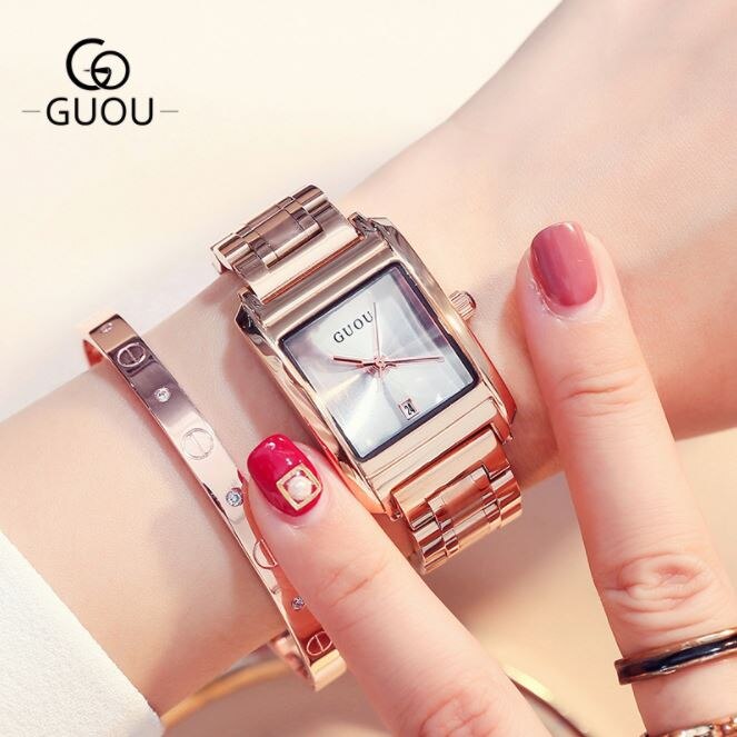 Dameur dameure guou rosa guld armbåndsur rustfrit stål auto date ur ur relogio feminino saat: Hvid