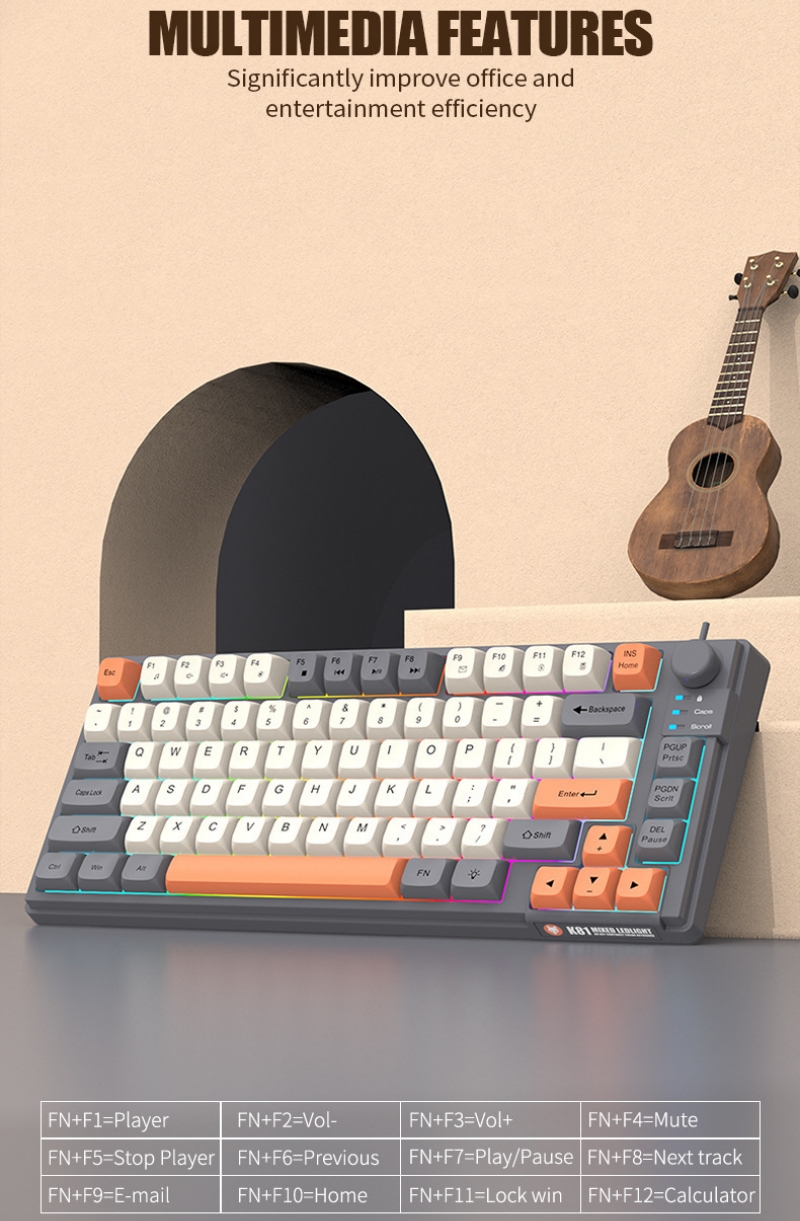 Tastatur K81 Spielen-Tastatur 81 Tasten 80 % Layout Spanisch Russisch Koreanisch Arabisch Tastatur USB-Kabel RGB-Licht Lautstärkeregler Ergonomie