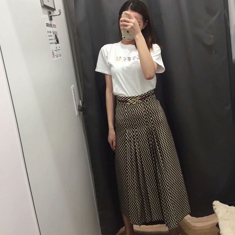 oversized women skirts autumn geometric print midi skirt casual vintage office with belt ladies long skirts