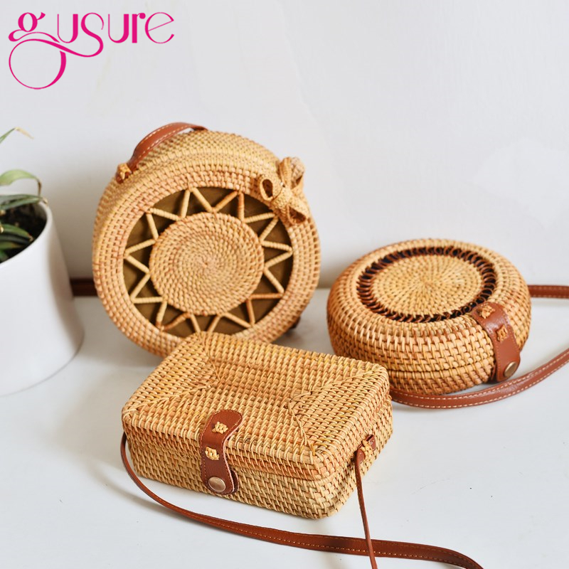 Gusure Vintage Handmade Crossbody Women Bag Round Beach Circle Rattan Bag Small Shoulder Bags Bohemian Handbags Travel Styles