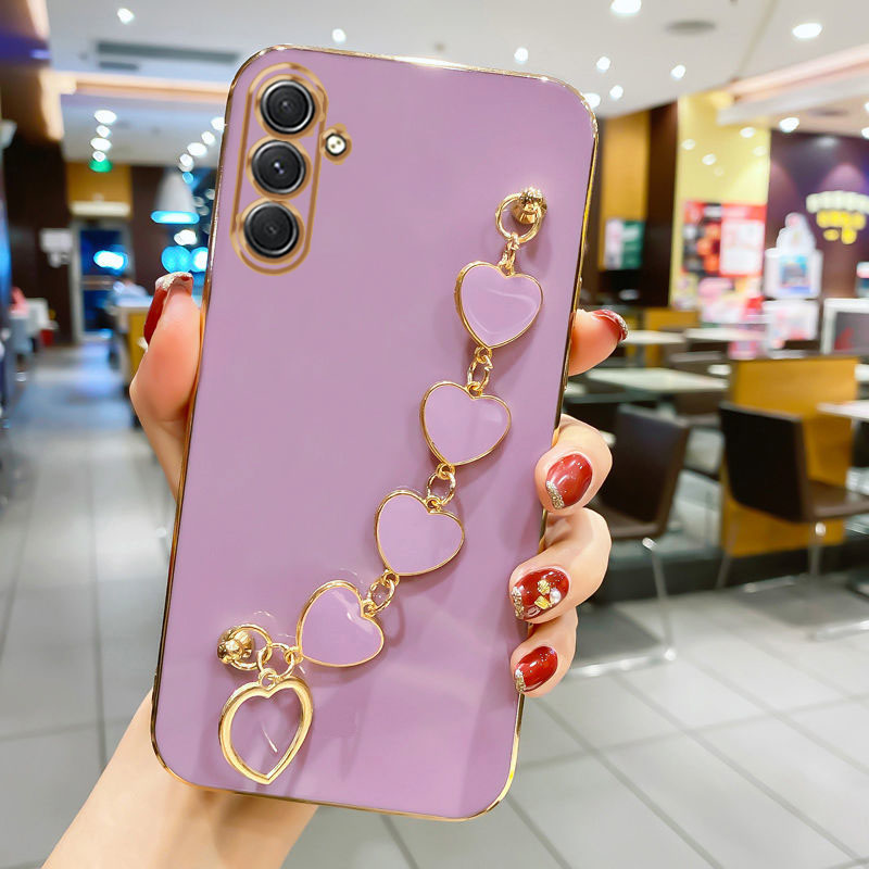 For Samsung Galaxy A15 4G A25 A35 A55 5G A05S Luxury Plating Love Heart Bracelet Chain Case On A 15 25 35 55 05 Soft Back Cover: Microfiber / SKY BLUE