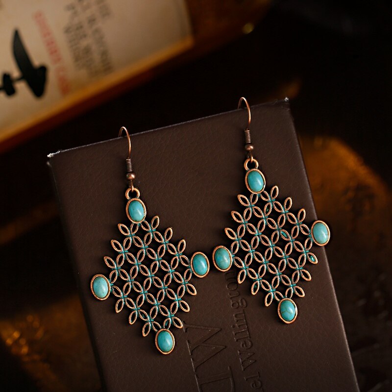 Vintage Retro Rhombus Grid Hollow Geometry Earrings Womens Boho Bohemian Earrings Tibetan Jewelry