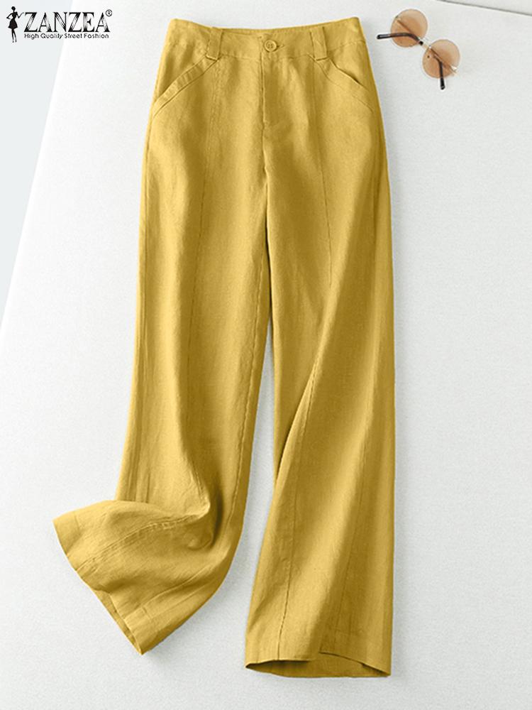 ZANZEA 2025 Primavera Verano mujer pantalones algodón Lino pantalones largos pierna ancha liso vacaciones pantalones casuales ropa de calle pantalones: XL / YELLOW