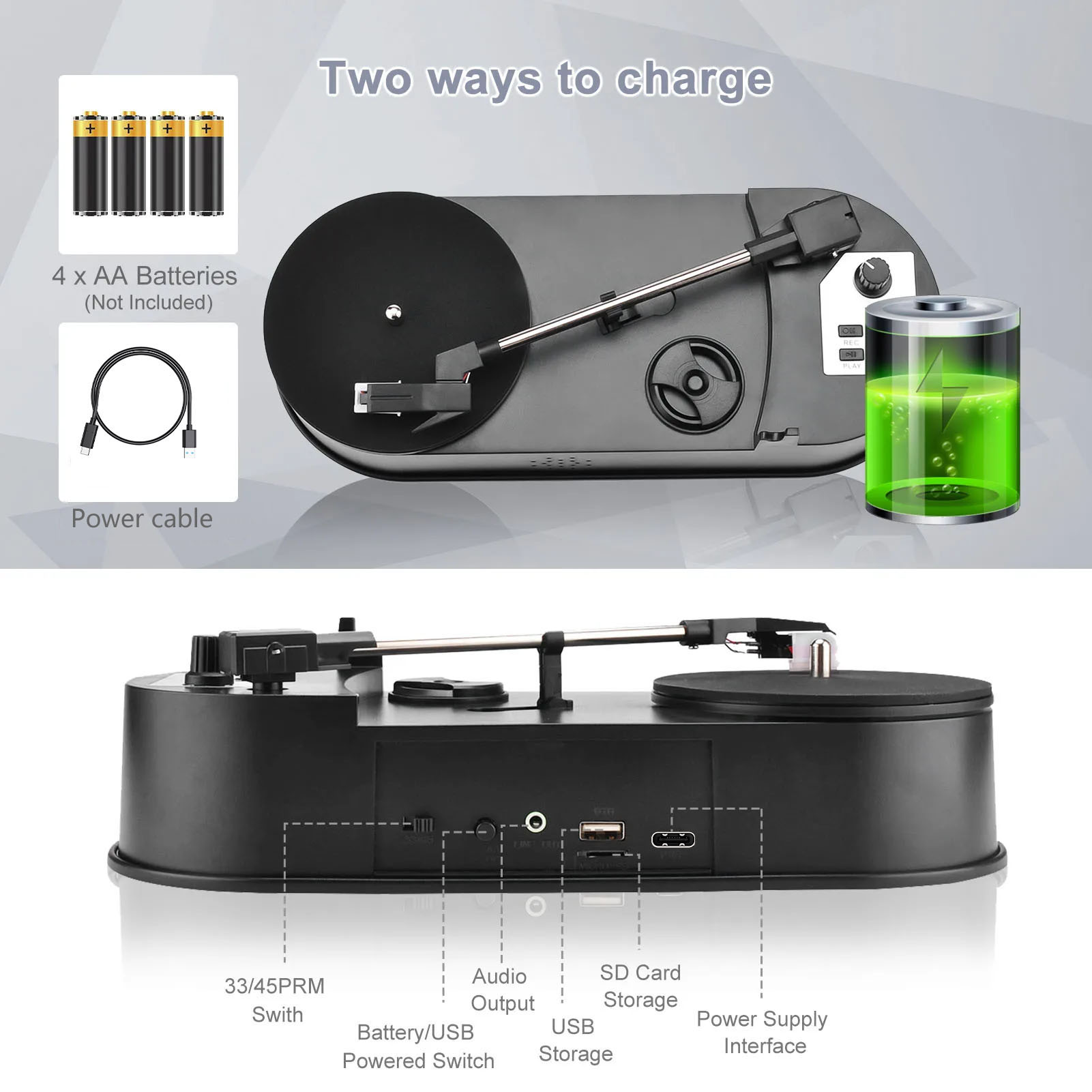 33/45RPM Turntable Player Converter to Save Vinyl Music Records to TF Card/USB Built in Speaker Turntable to MP3 No Need PC