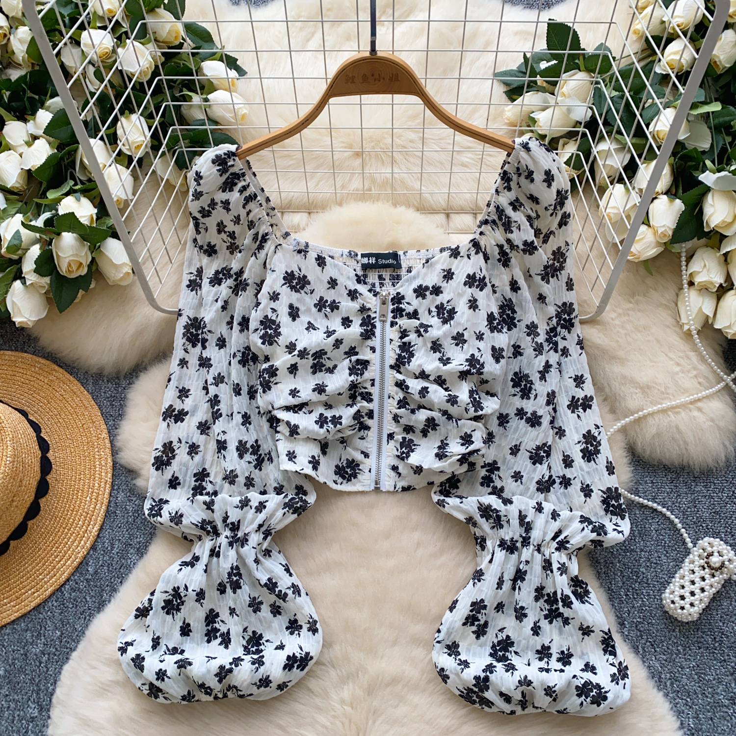 Elegant sexig söt plisserad t-shirt med dragkedja och tryck, crop top, vintage-t-shirts för kvinnor, vår- och sommartröja: Vit