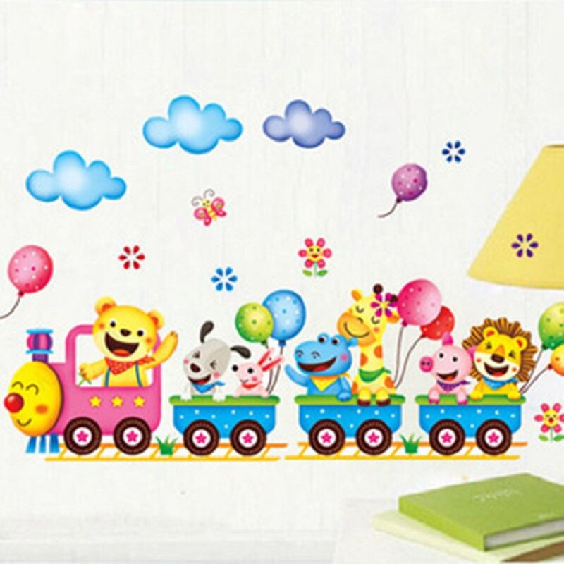 cartoon animal train balloon children's room kindergarten decoration wall stickers background wall stickers