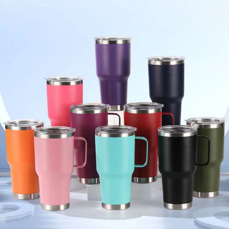 Steel handle vacuum mug , 30 , 20 oz., double-walled ice cooler, for office, home, car, tea, coffee, insulated bottle, colorful