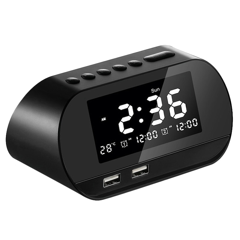 Digital Alarm Clock,Alarm Clock with FM Radio and USB Charging Interface,Calendar/Temperature Display Black: US plug