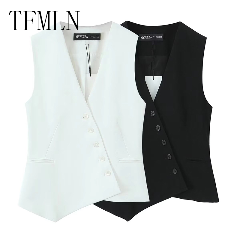 TFMLN nouvelles femmes printemps été gilet asymétrique femme col en v mince gilet de transport haut sans manches boutons noir blanc vêtements d'extérieur