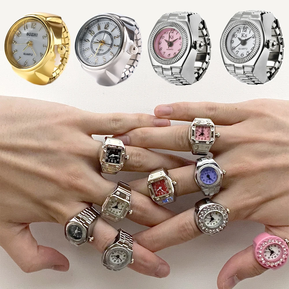 anillo de reloj de dedo de cuarzo Digital para mujeres y hombres, Mini relojes Punk plateados Vintage, anillos, reloj de joyería elástico, divertido