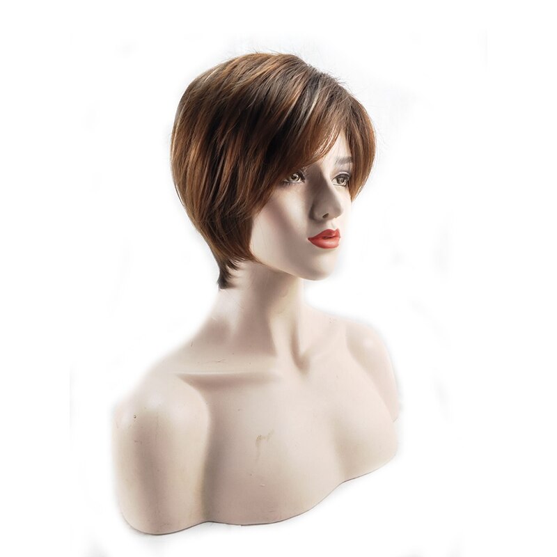 HAIRJOY Women Straight Bangs Style Pixie Cut 14inch Synthetic Hair Wig Brown Mixed Short Natural Wigs