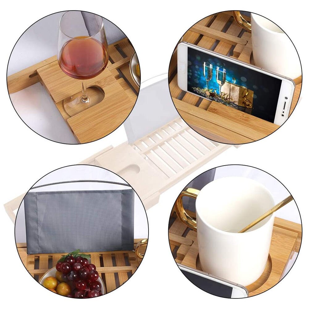 Bathroom Accessories Storage Shelf Rack Extendable Bamboo Bath Caddy Adjustable Home Spa Wooden Bath Tray