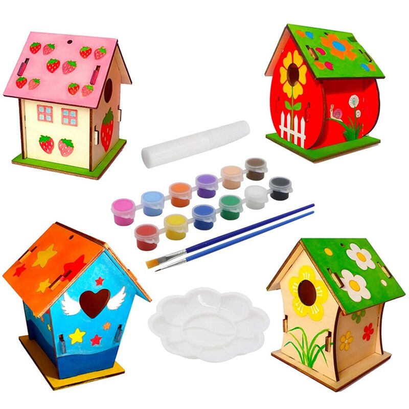 Children's Bird House Kit, 4 Pieces DIY Birdhouse for Painting Kit, Birdhouse Pigment Painting Unfinished Set