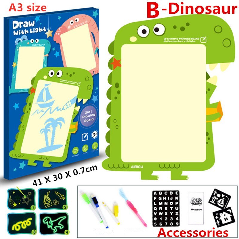 1PC 2 in 1 LED Leucht Zeichnung Bord Magie Ziehen Mit Licht-Spaß Fluoreszierende Pen Pädagogisches Spielzeug Graffiti doodle Zeichnung Tablet: B-Dinosaur