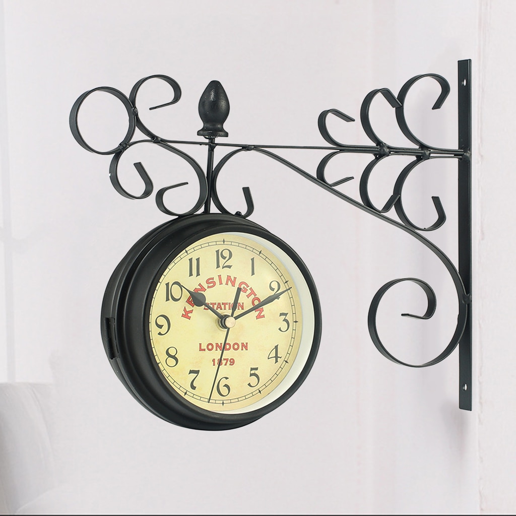 Art Double Sided Wall Clock Train Station Round Wall Garden Living Room