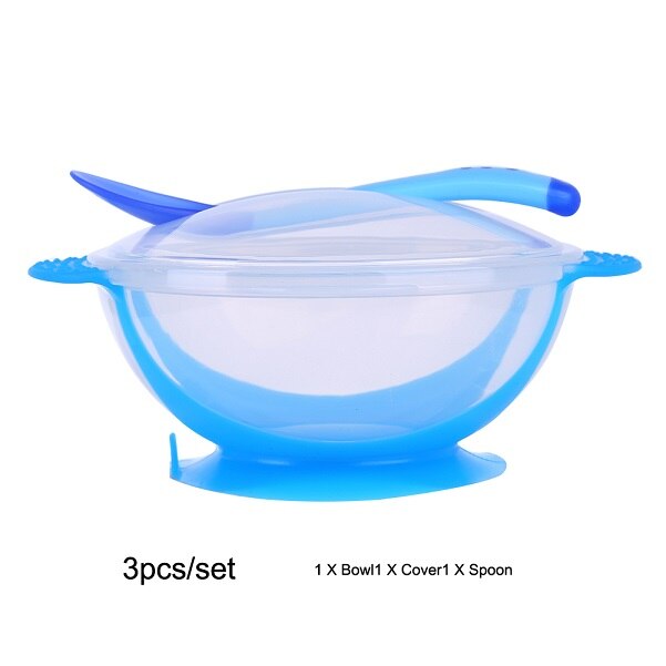 Baby Tableware Dinnerware Suction Bowl with Temperature Sensing Spoon baby food toddler boy girl dinner Feeding Bowls dishes: blue cover spoon