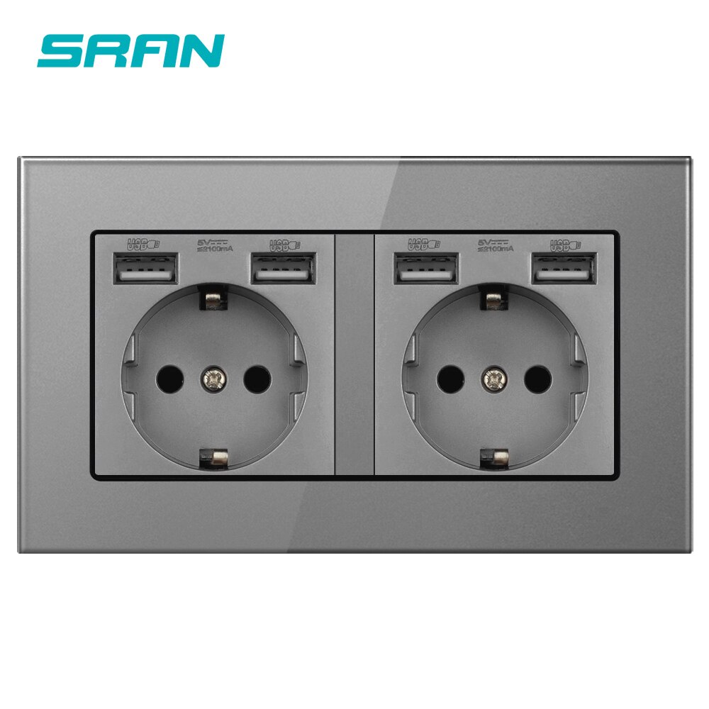 Sran eu standard vägg flerrams eluttag med usb-kontakt jordad svart glas dubbel usb-uttag 4 laddningsportar