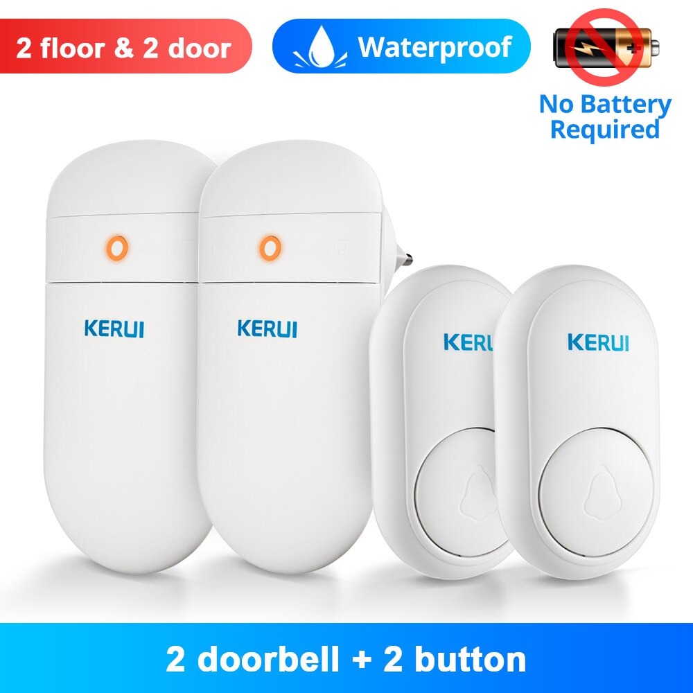 KERUI Wireless Doorbell Self Power Generation Home Welcome Chimes DoorBell Smart Mute Mode 52 Songs LED Light No Need Battery: Blue / US plug