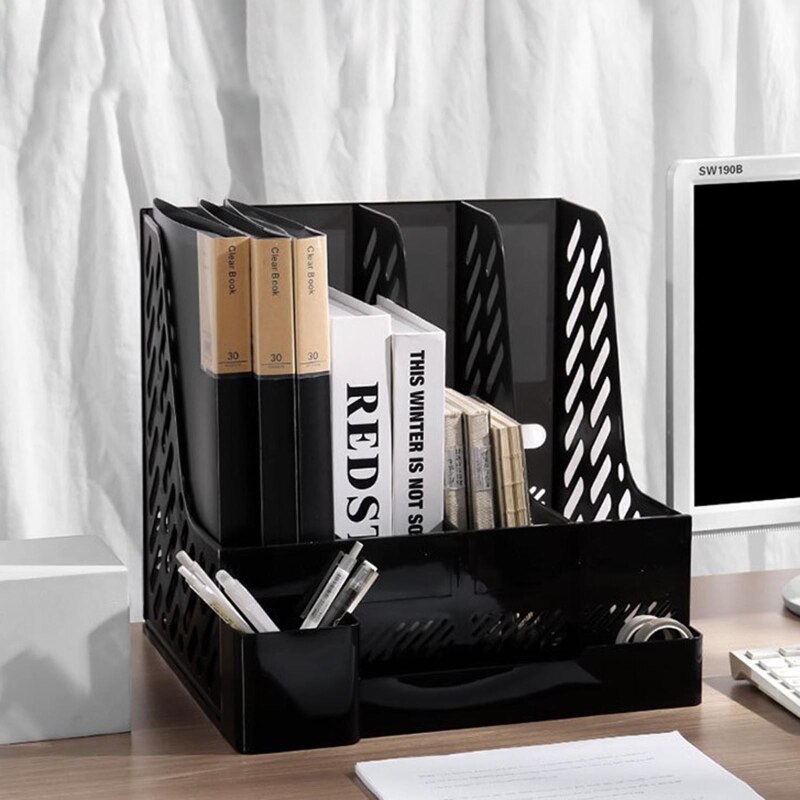 Desktop 4-Raster Bestand Map Verticale Tijdschrift Organizer Met Pen Houder 3 Containers Etiket Venster Voor Kantoor School