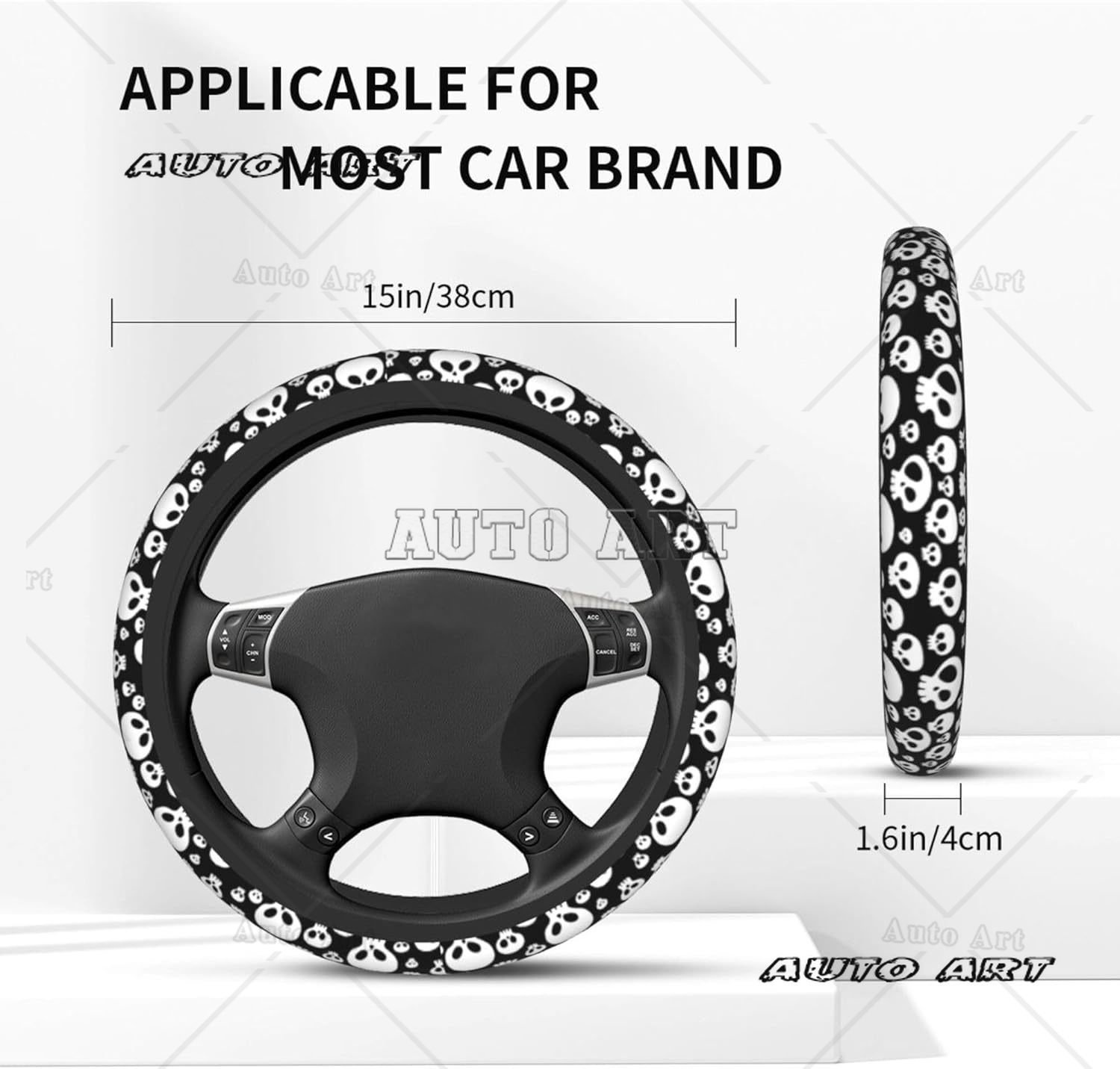 Steering Wheel Cover White Skull Goth Horror Black Neoprene Steering Wheel Protector Universal Fit Most Car Sedans 15 Inch