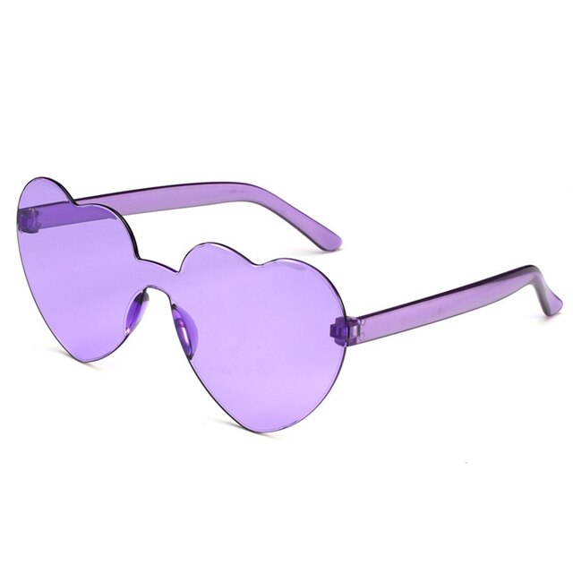 Gafas de sol con forma de corazón de amor para mujer, montura sin montura, tinte transparente, lentes coloridas, rojo, rosa, amarillo, tonos de viaje: Morado