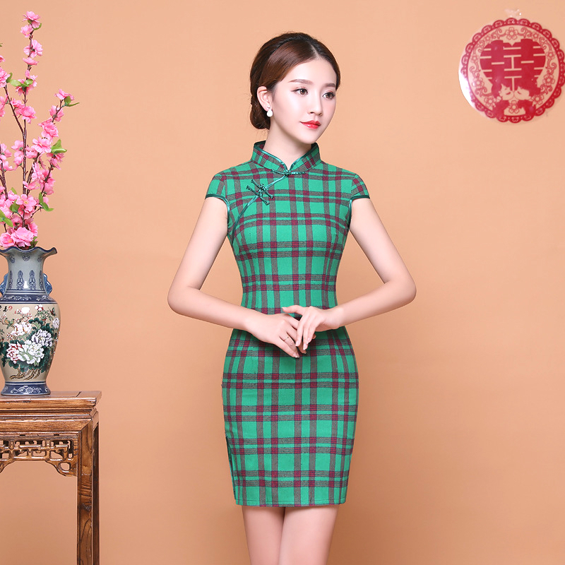 Sheng coco grønt gitter chipao kjoler kvinne mini cheongsam qipao skrå rutete kort klassisk slank sommer kjole i orientalsk stil