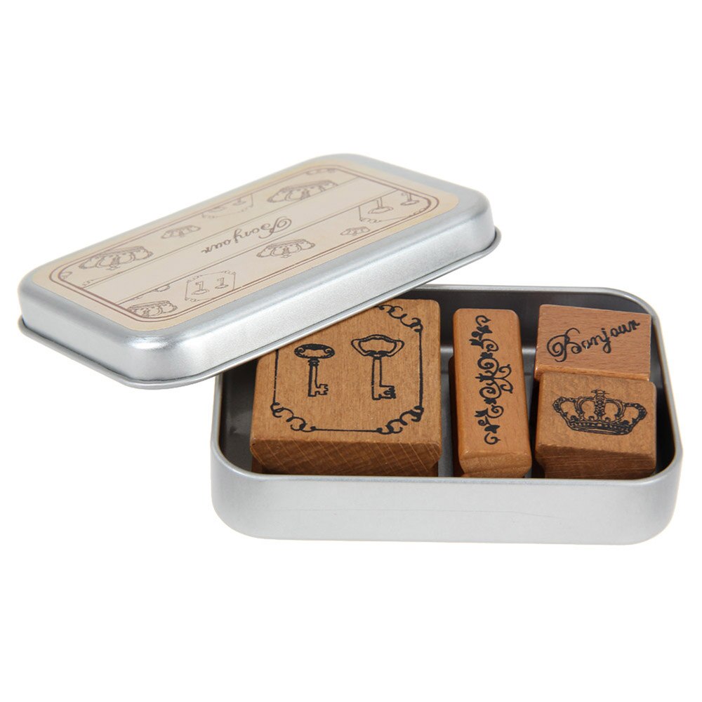 Trästämplar happy time style gummistämpel set dagbok järn box & diy 1 st: Bonjour