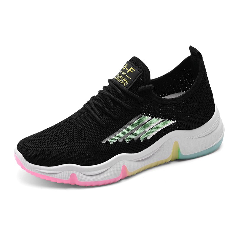 Sneakers kvinders lette fritidssko regnbuebund komfortable flade sko smukke og alsidige kvinder air mesh sko: Sort / 6.5