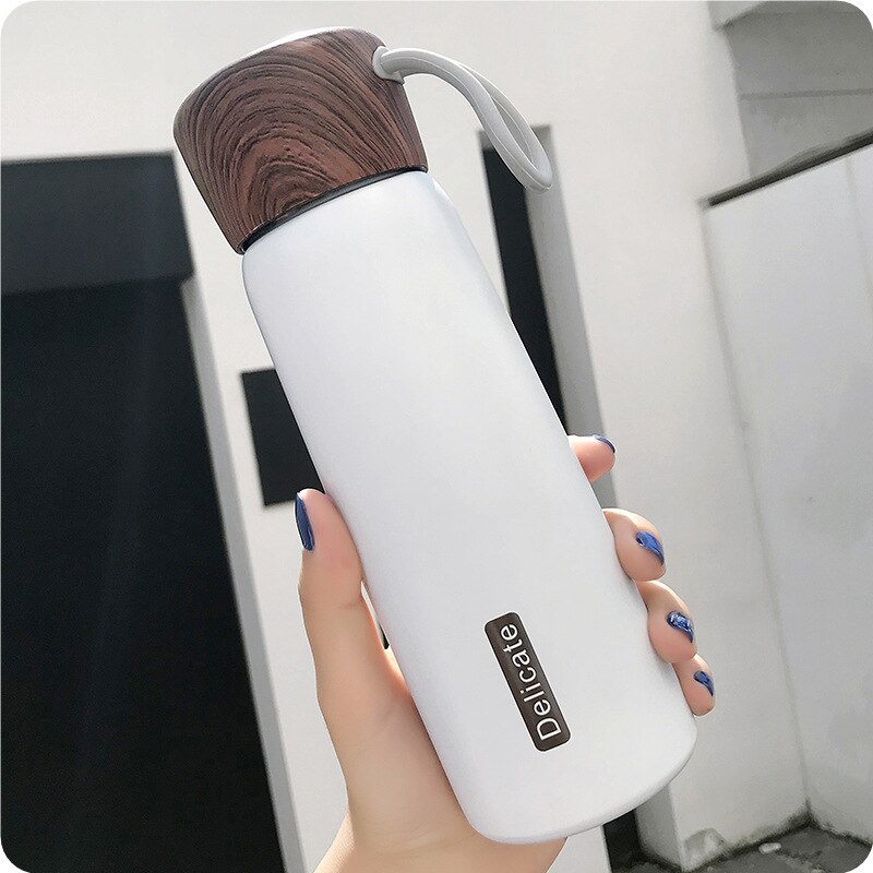 Termo de acero inoxidable 500 para exteriores, botella de agua de 304 ml, sin Bpa, con tapa de madera y cuerda portátil, para leche y té: Blanco
