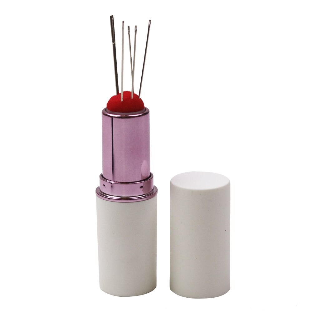 Lipstick Needles Pin Cushion with 5 Sewing Needles Rotatable Needle Holder Needlework Cross Stitch Accessories Sewing Tool