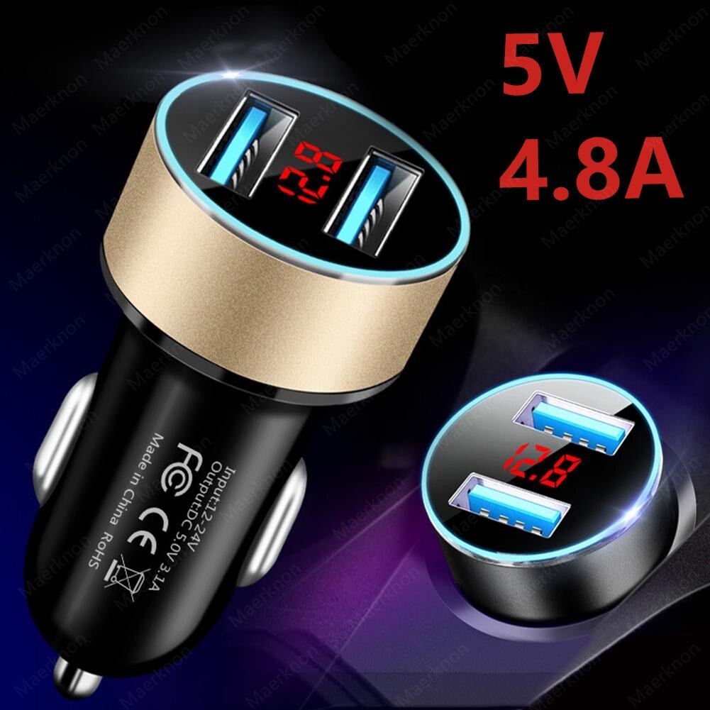 4.8A Led Car Charger Display 2USB Voor Iphone 12 Pro Max Xiaomi Huawei Universele Mobiele Telefoon Snel Opladen Aluminium Auto-Charger