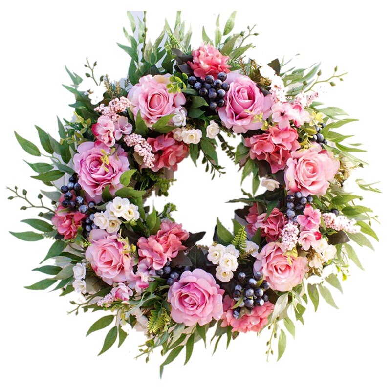 55cm Rose Wreath, Large Rustic Farmhouse Decorative Artificial Flower Wreath, Faux Floral Wreath for Front Door Window Wedding O: Default Title