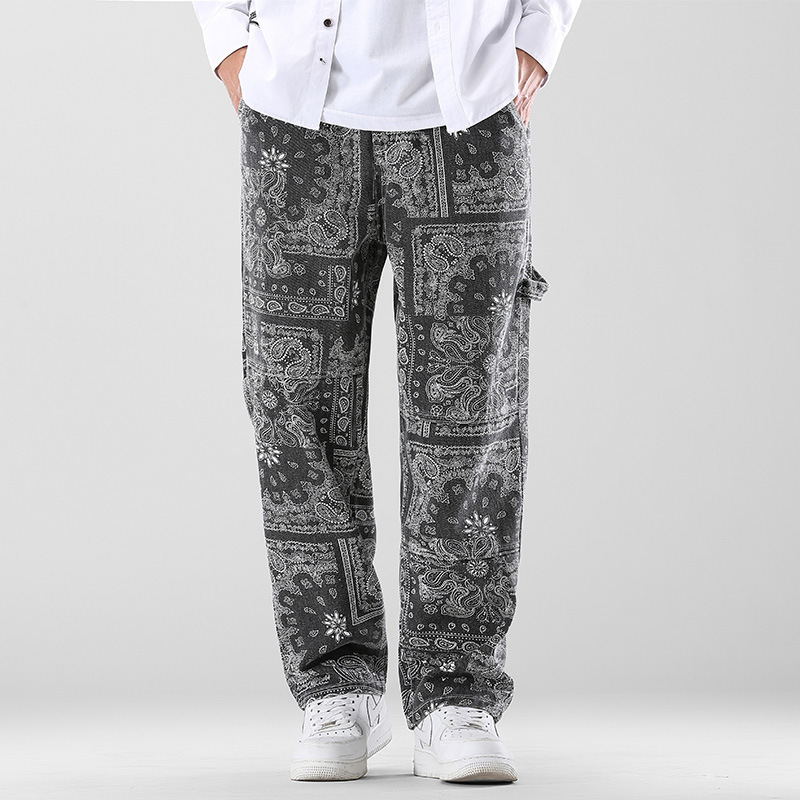 Bandana Jeans retrò uomo pantaloni larghi dritti larghi in Denim pantaloni da Skateboard Vintage Oversize High Street Hiphop Street Wear