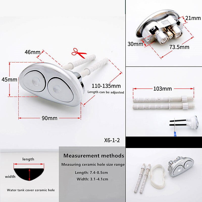 90 x 45mm trekant dobbelt kontrol toilet vandtank trykknap, abs toilet dobbelt tryk knap, toilet vand tank skylle tryk knap