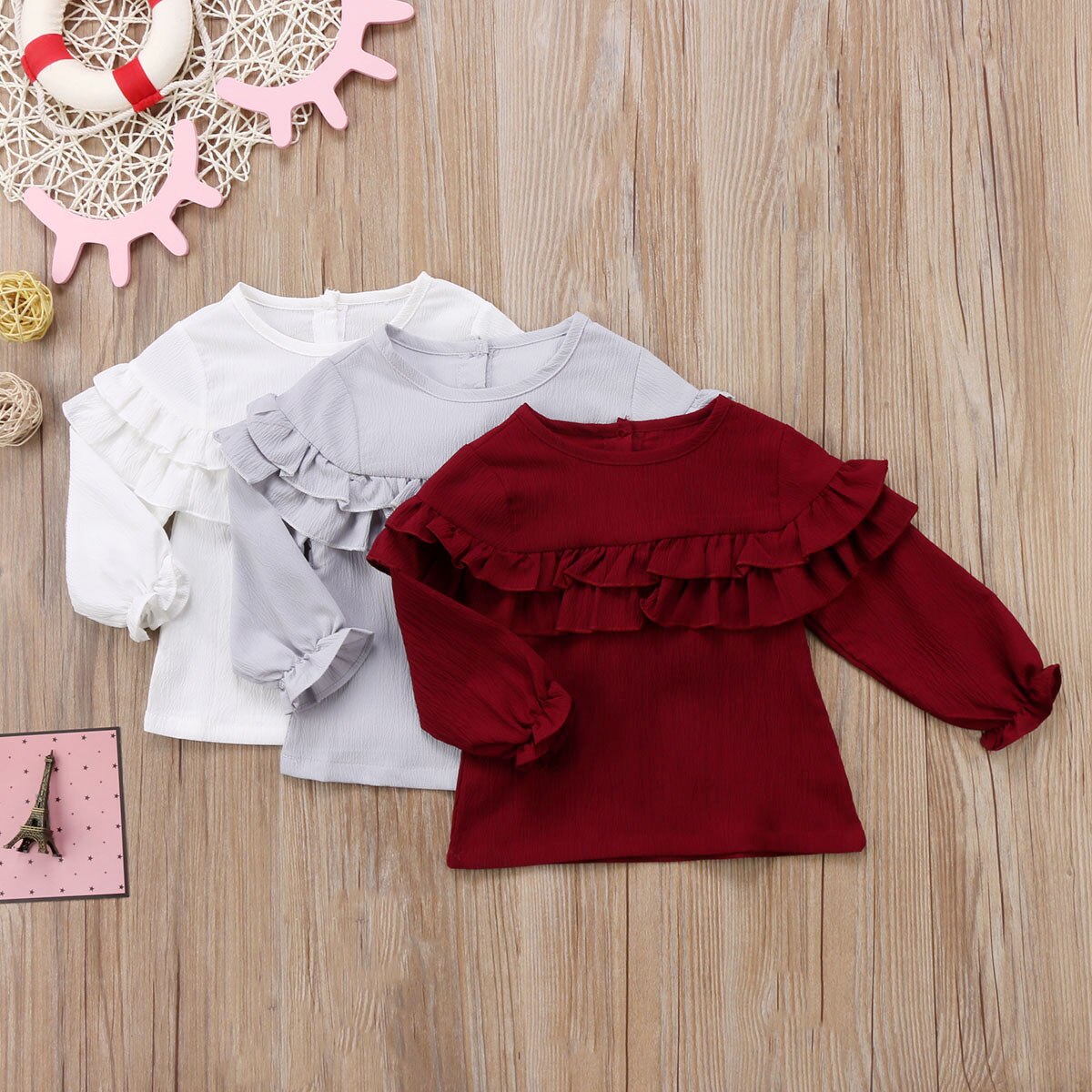 Del Bambino Del Bambino Della Ragazza Del Capretto Balza Camicia a Maniche Lunghe O-Collo Magliette E Camicette Camicetta Vestiti Della Camicia 3 Colori