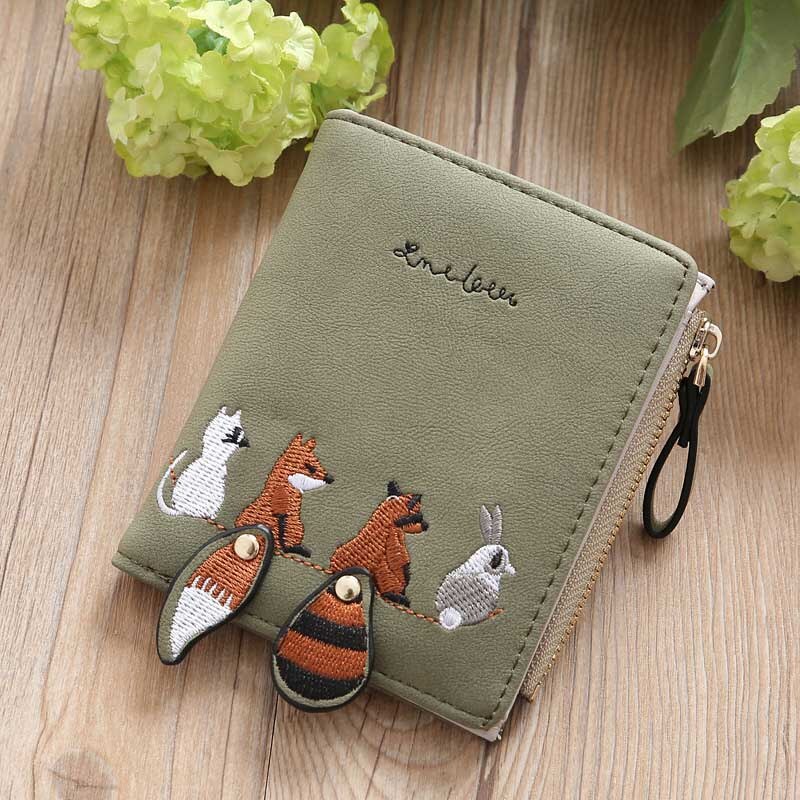 1pc damen-geldbörsen mit niedlichen Karikatur-tieren, kurze leder-geldbörse, kleines münzfach, reißverschluss, kartenhalter für mädchen: Grün