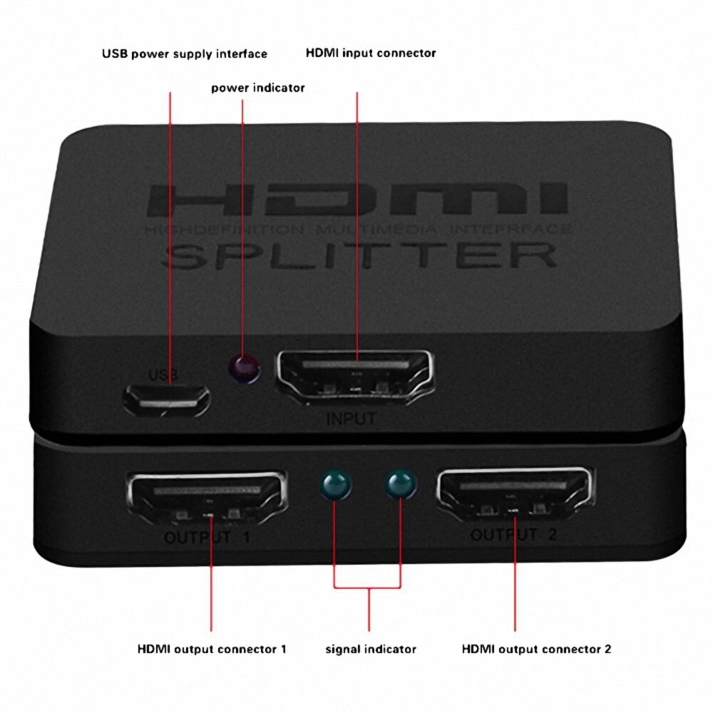 Opq-hdmi splitter 1 x 2, 1 input 2 output hdmi forstærker switcher box hub support 4 kx 2k 3d 2160p 1080p ( en indgang til to udgange
