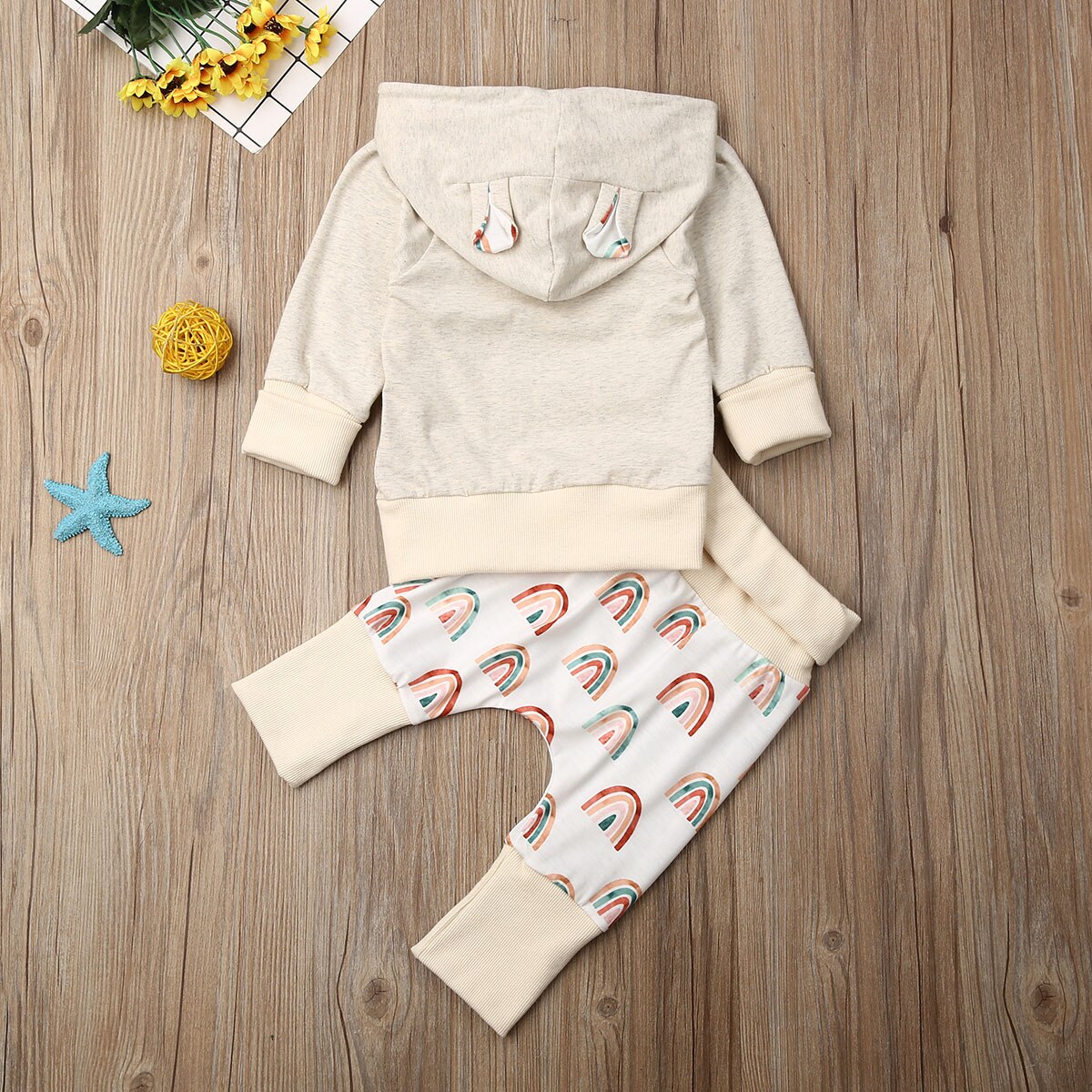 Bebiskläder vardagligt spädbarn bebis pojke flicka höstkläder huvtröjor regnbågstryck långbyxor outfit set