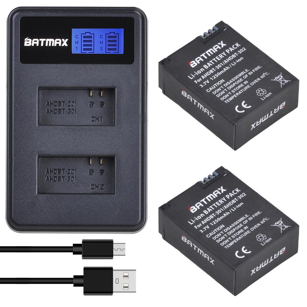 2 uds. De batería AHDBT-301 + cargador Dual LCD USB para GoPro Hero3 Hero3 + hero 3 hero 3 + baterías para cámara negra: 2Pcs set