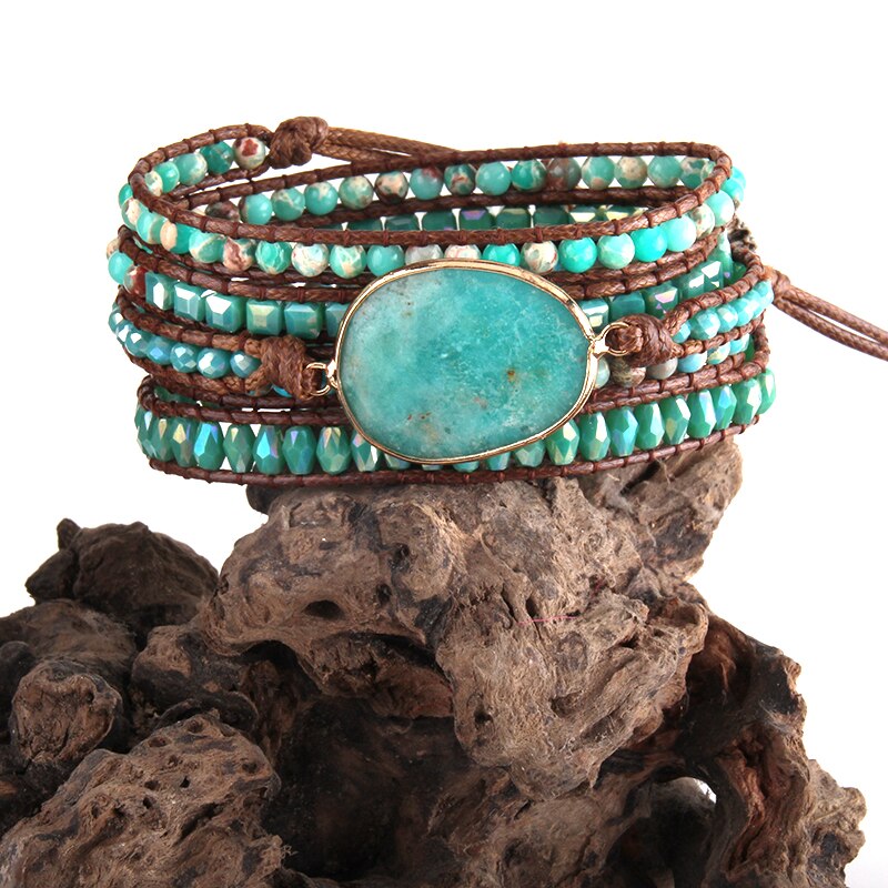 RH Boho Armbander Blue Glass &amp; Natural Amazonite Stones Charm 5X Woven Wrap Bracelets: Default Title