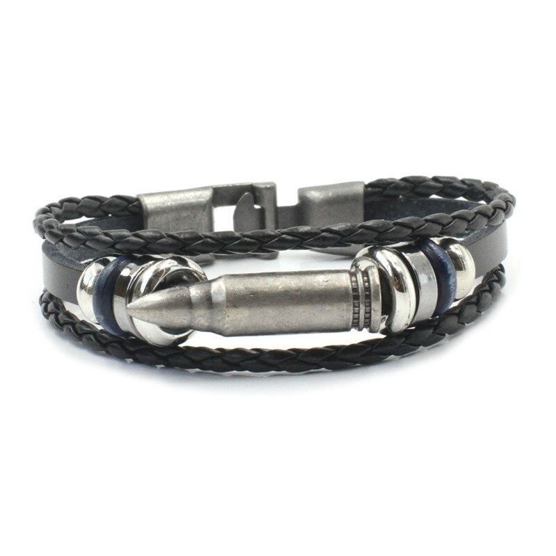 Bracciale da uomo moda retrò in pelle moto multistrato bracciale intrecciato a mano bracciale in acciaio inossidabile regalo per fidanzato: bullet