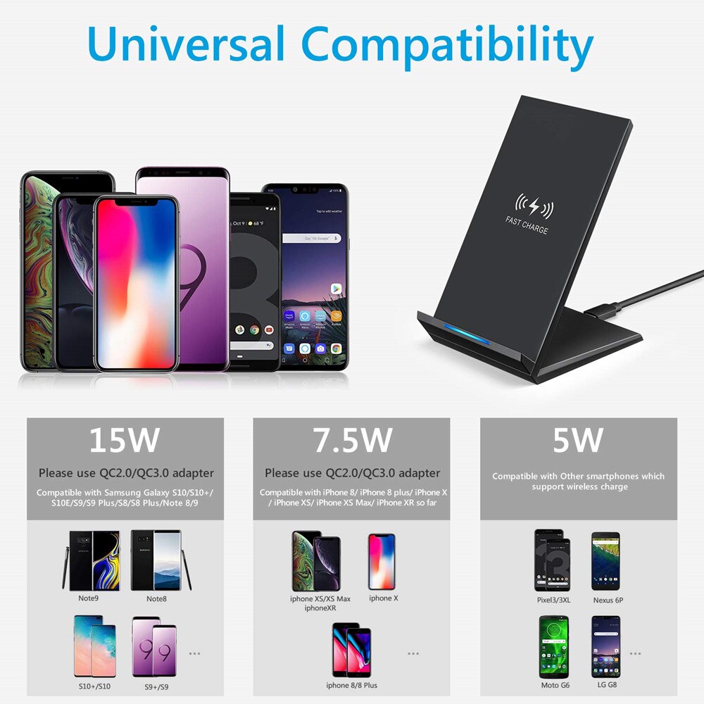 15W Qi Wireless Charger for Samsung S9 S10 iPhone X XS MAX XR 8 Plus for Xiaomi 9 Huawei P30 pro 10W Fast Wireless Charger Stand