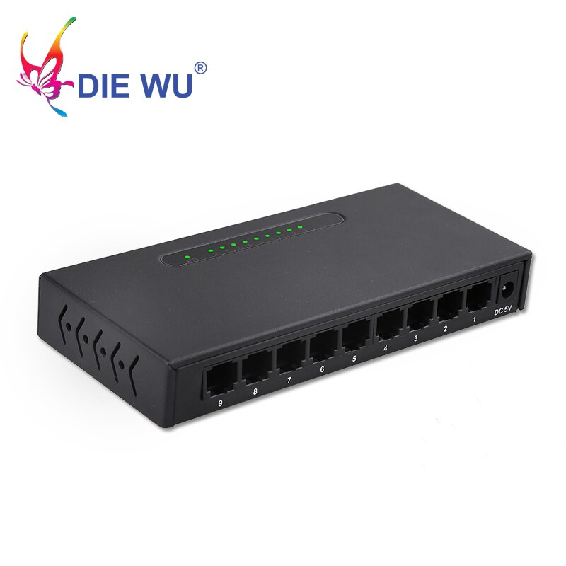 DIEWU Netwerk switch 9 poorten RJ45 10/100 Mbps Fast Ethernet switch met 1 m buffer Full-Duplex & Half-Duplex