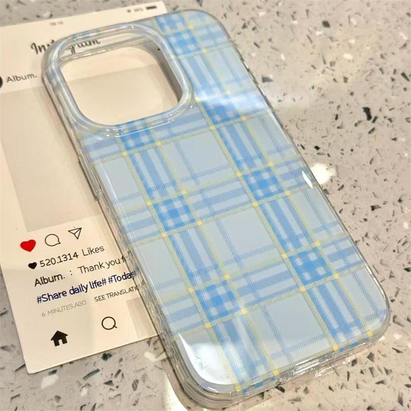 Ins koreaans mooi blauw geruit telefoonhoesje voor iphone 16 15 14 13 12 11 pro max 16e 7 8 plus x xr xs max se schokbestendige achterkant: Microvezel / Beige