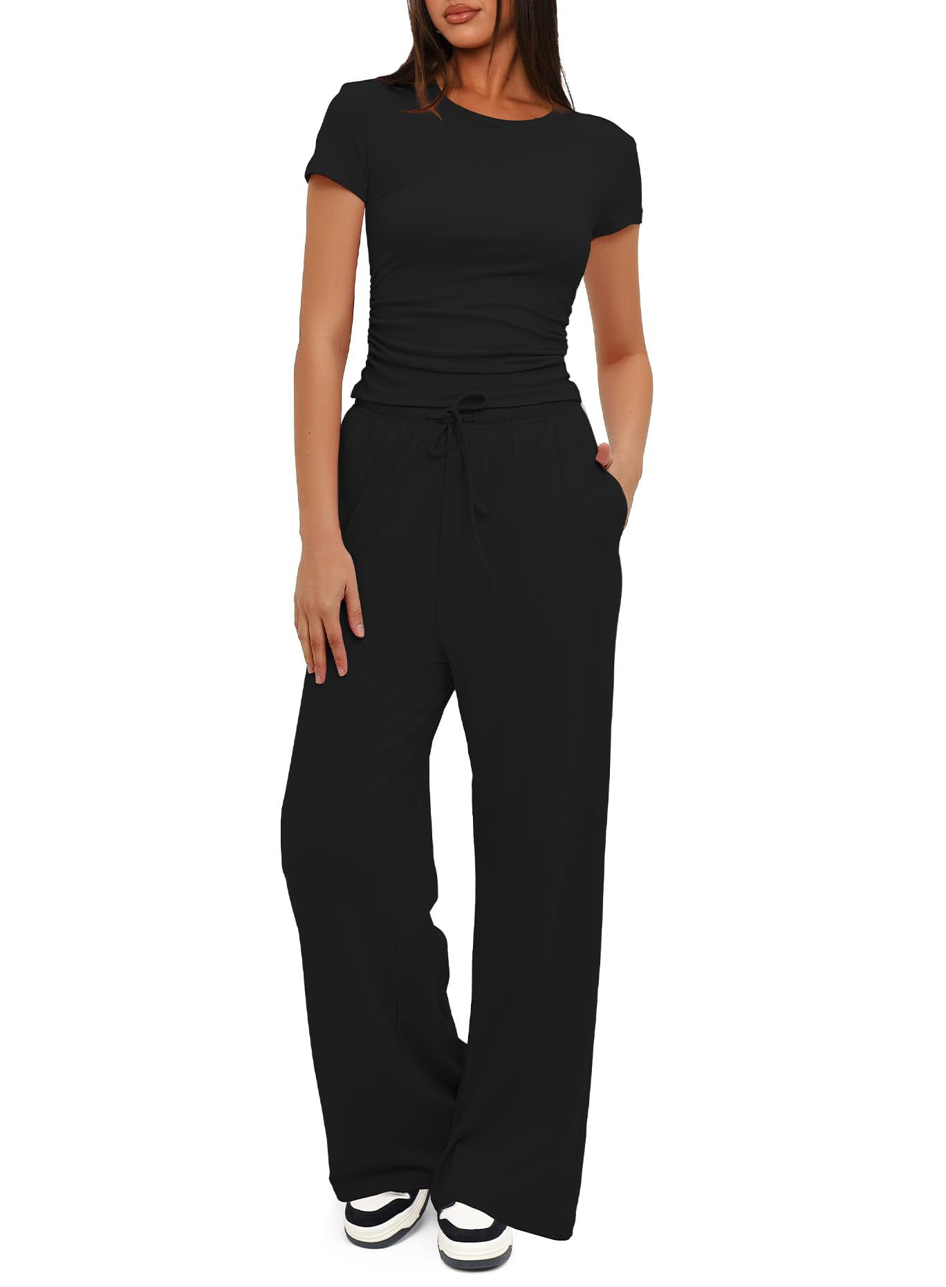 Conjunto de dos piezas para mujer, camiseta y pantalones de pierna ancha, manga corta, cintura alta, sólido, multicolor, deportivo, Yoga, chándal informal: XXL / Negro