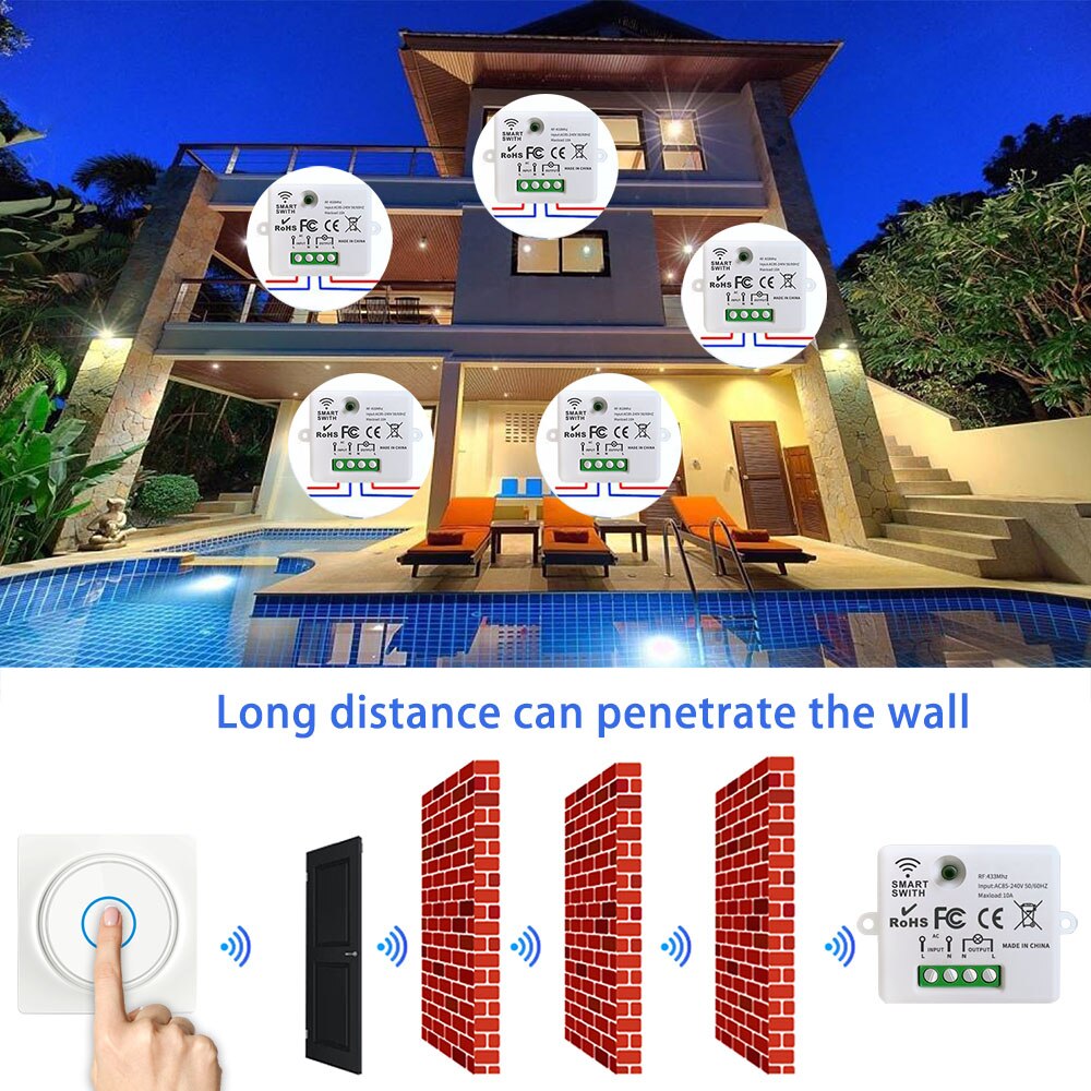 433mhz Rf Wireless Kinetic Switch Self-Powered Wall Switch No Battery Need and 220V 10A Relay Receiver for Light/home Appliance
